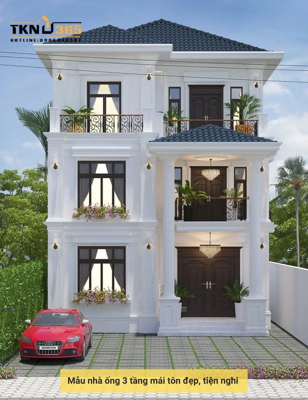 Mẫu nhà ống 3 tầng mái tôn đẹp