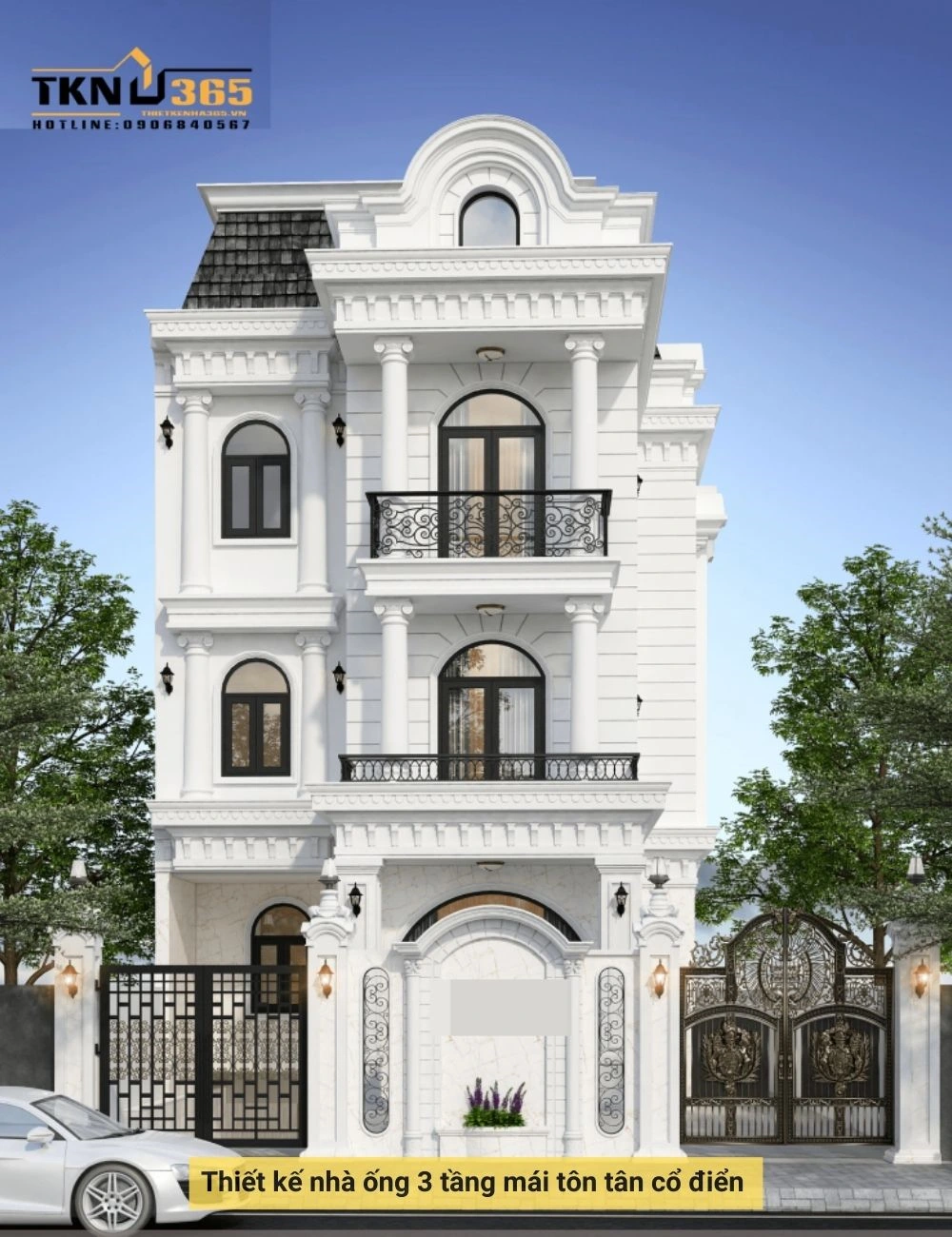 Mẫu nhà ống 3 tầng mái tôn tân cổ điển