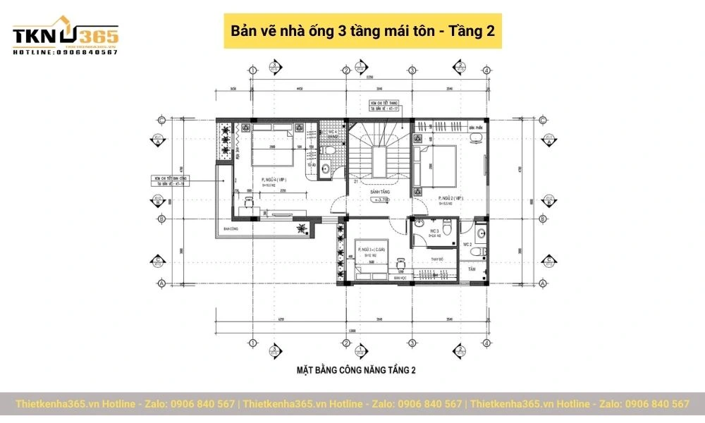 Bản vẽ nhà ống 3 tầng mái tôn tầng 2