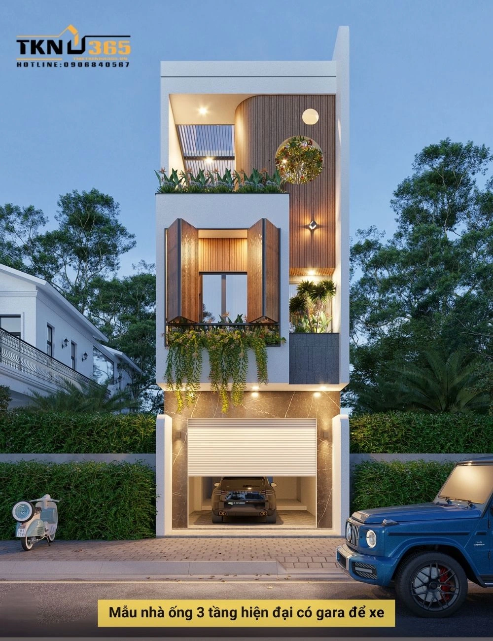 Mẫu nhà ống 3 tầng mái tôn có gara để xe