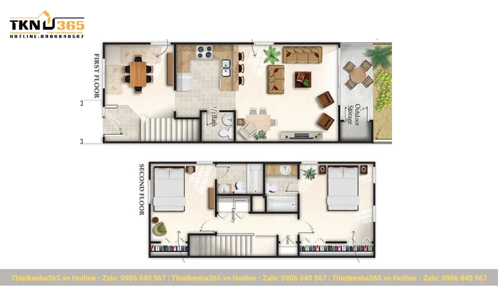 Bản vẽ thiết kế nhà ống 2 tầng 5x20m