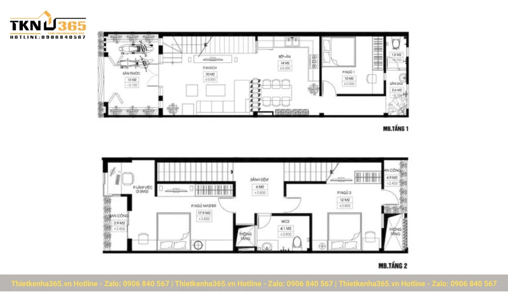 Bản vẽ thiết kế nhà ống 2 tầng 5x20m