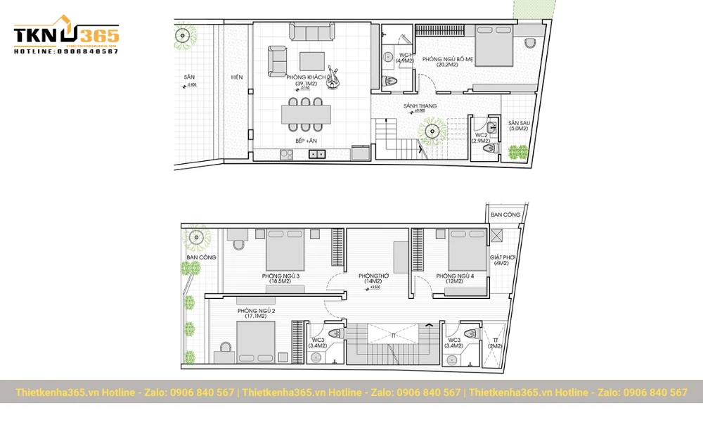 Bản vẽ thiết kế nhà ống 2 tầng 5x20m