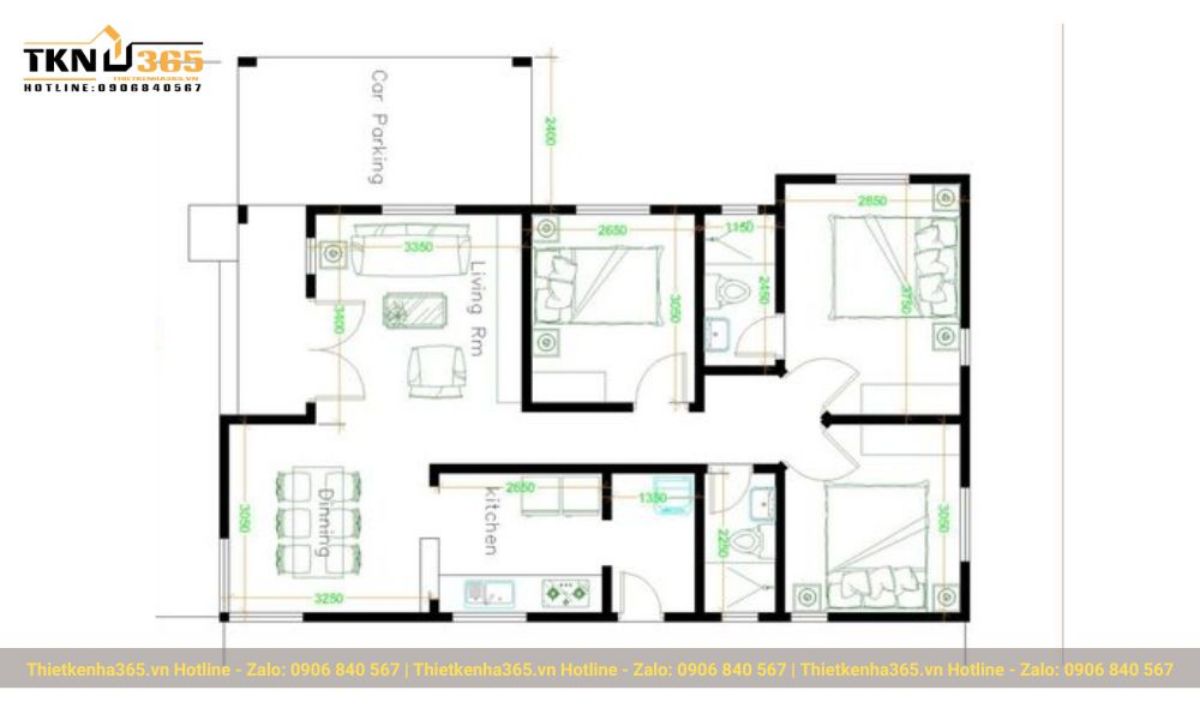 Mẫu bản vẽ nhà chữ L mái bằng có 3 phòng ngủ