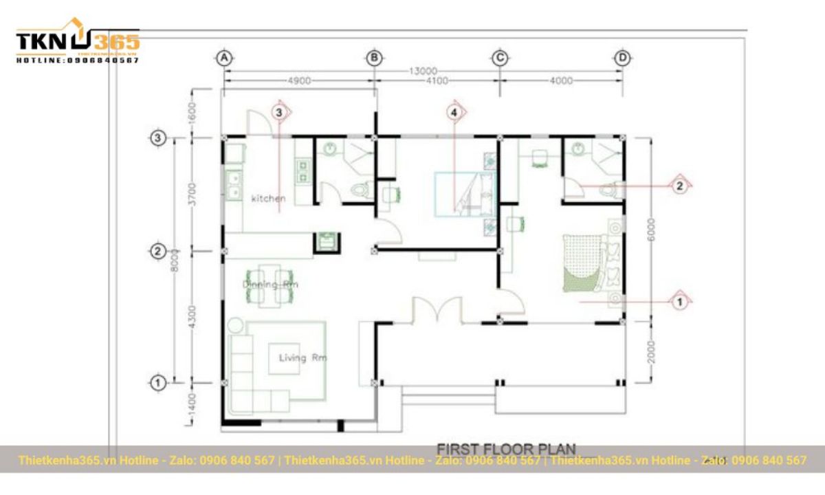 Mẫu bản vẽ nhà chữ L 1 tầng