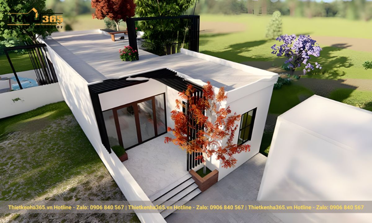 Mẫu thiết kế nhà chữ L 1 tầng mái bằng tinh tế