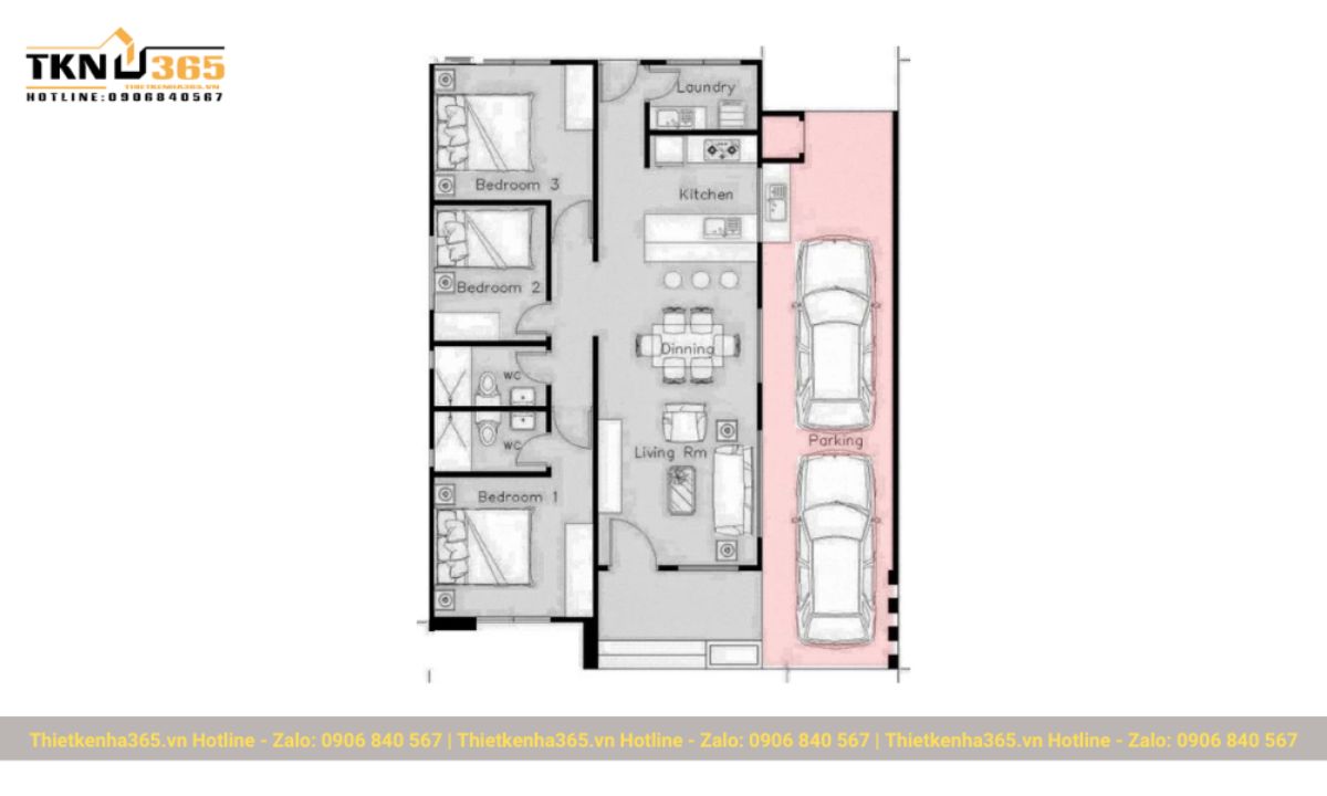 thiết kế nhà 1 tầng 3 phòng ngủ