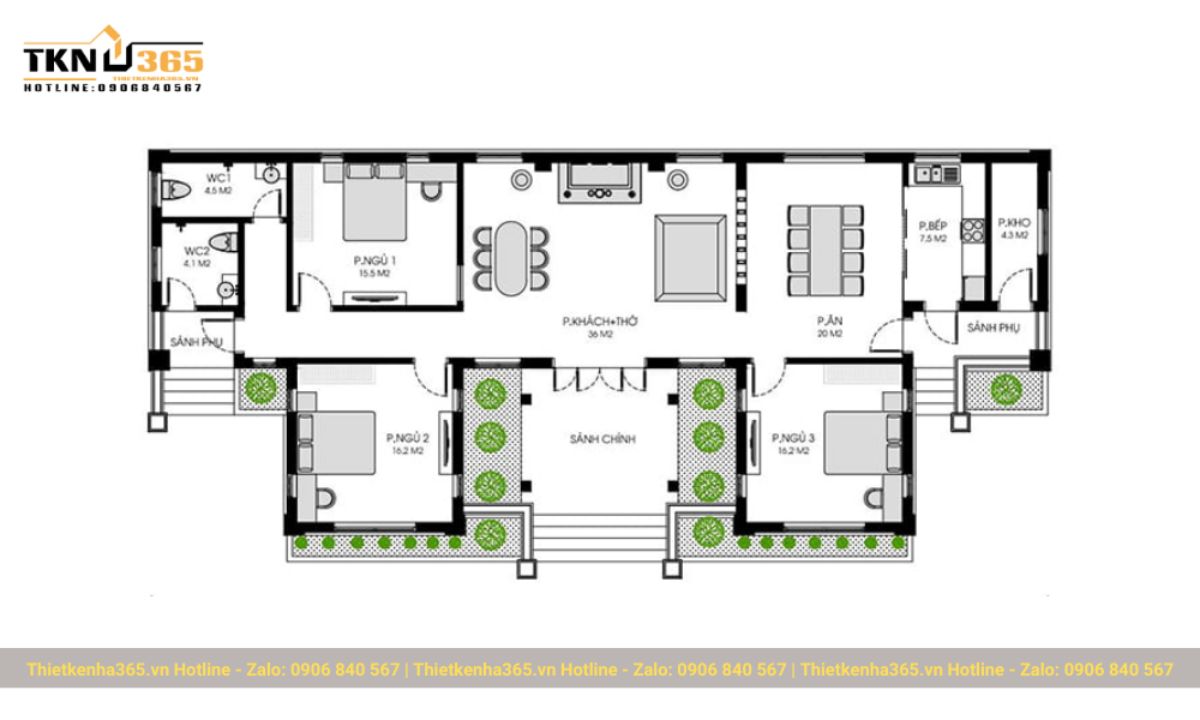 thiết kế nhà 1 tầng 3 phòng ngủ