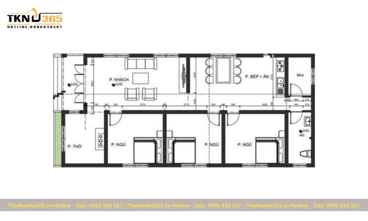 thiết kế nhà 1 tầng 3 phòng ngủ