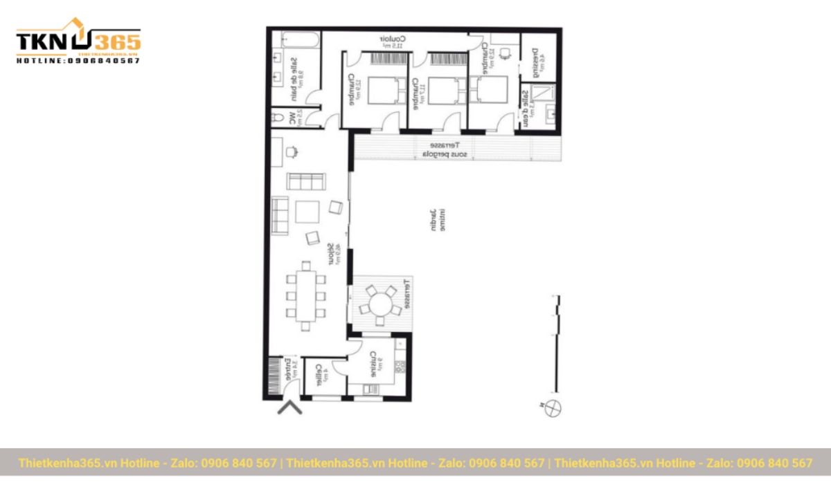 thiết kế nhà 1 tầng 3 phòng ngủ