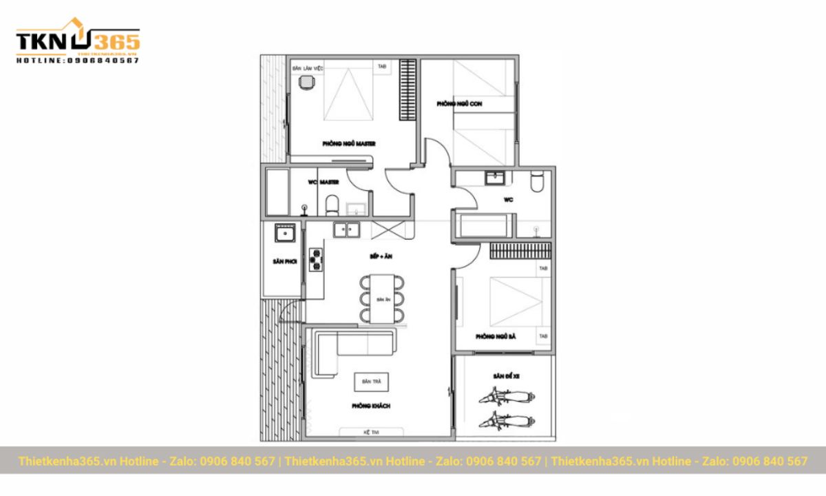 thiết kế nhà 1 tầng 3 phòng ngủ