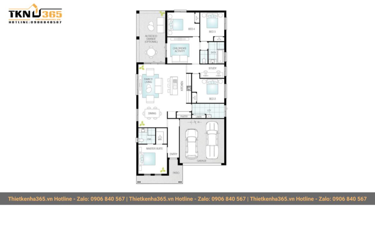 bản vẽ thiết kế mẫu nhà 1 tầng 4 phòng ngủ
