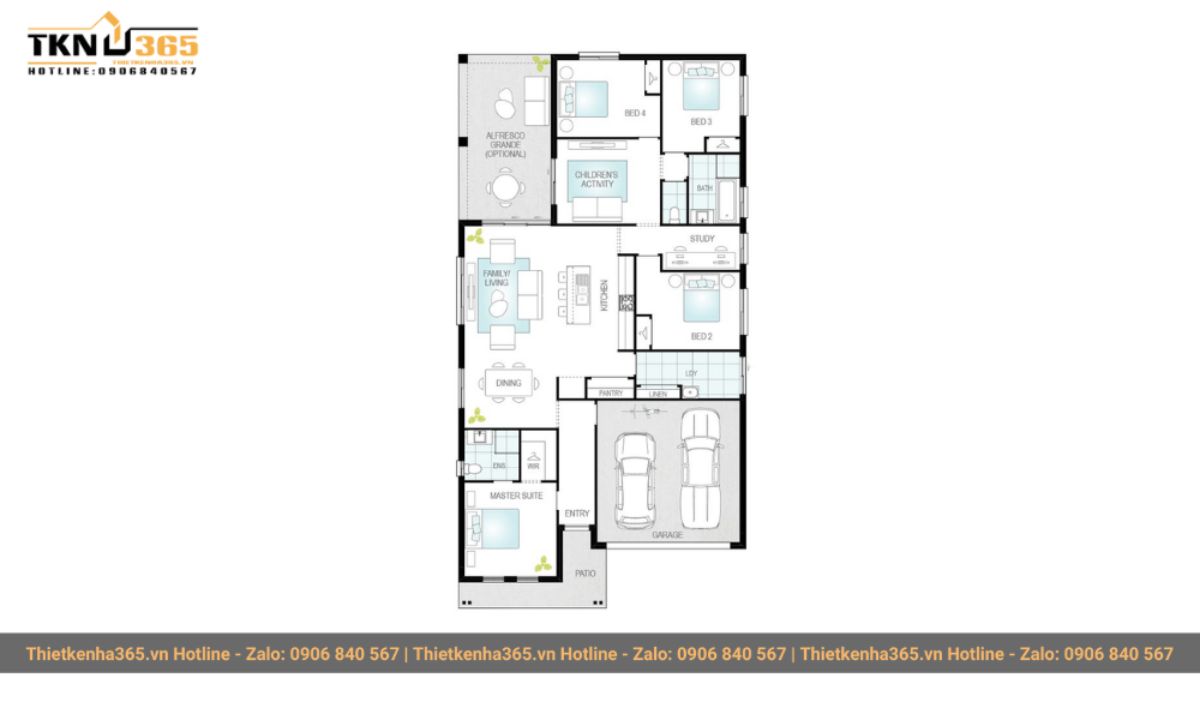 bản vẽ thiết kế mẫu nhà 1 tầng 4 phòng ngủ