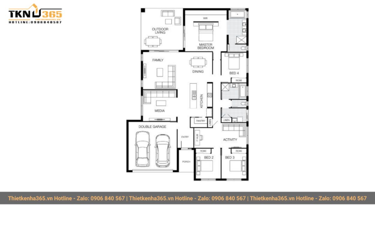 bản vẽ thiết kế mẫu nhà 1 tầng 4 phòng ngủ