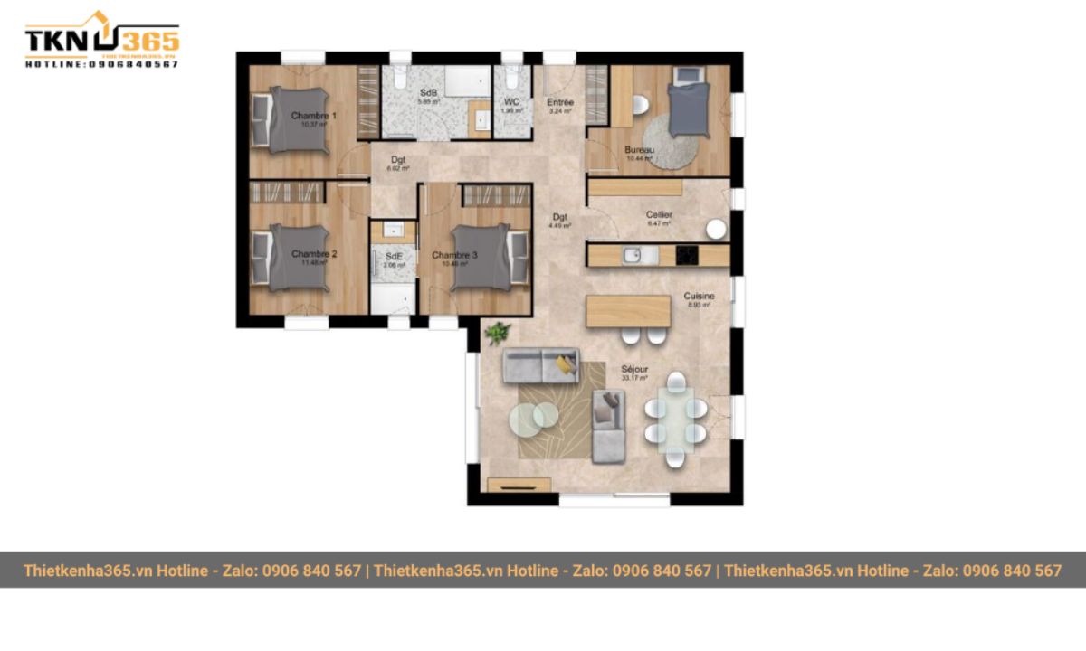 bản vẽ thiết kế mẫu nhà 1 tầng 4 phòng ngủ