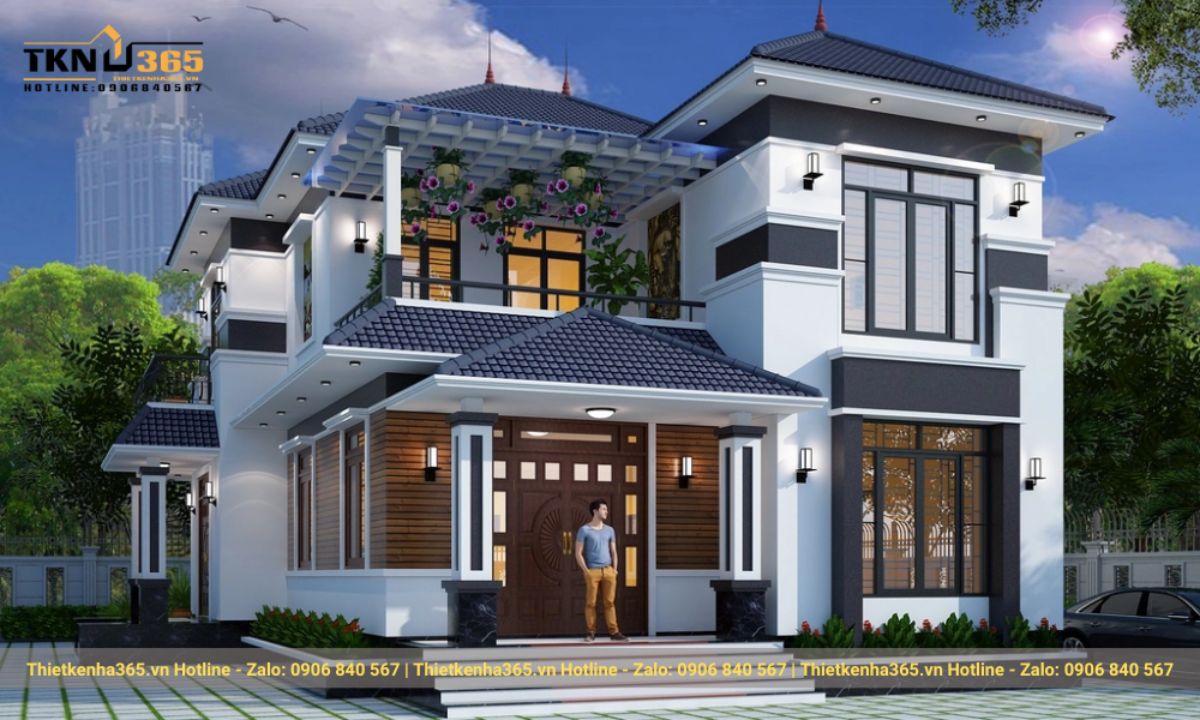 mẫu nhà 2 tầng mặt tiền 8m hiện đại