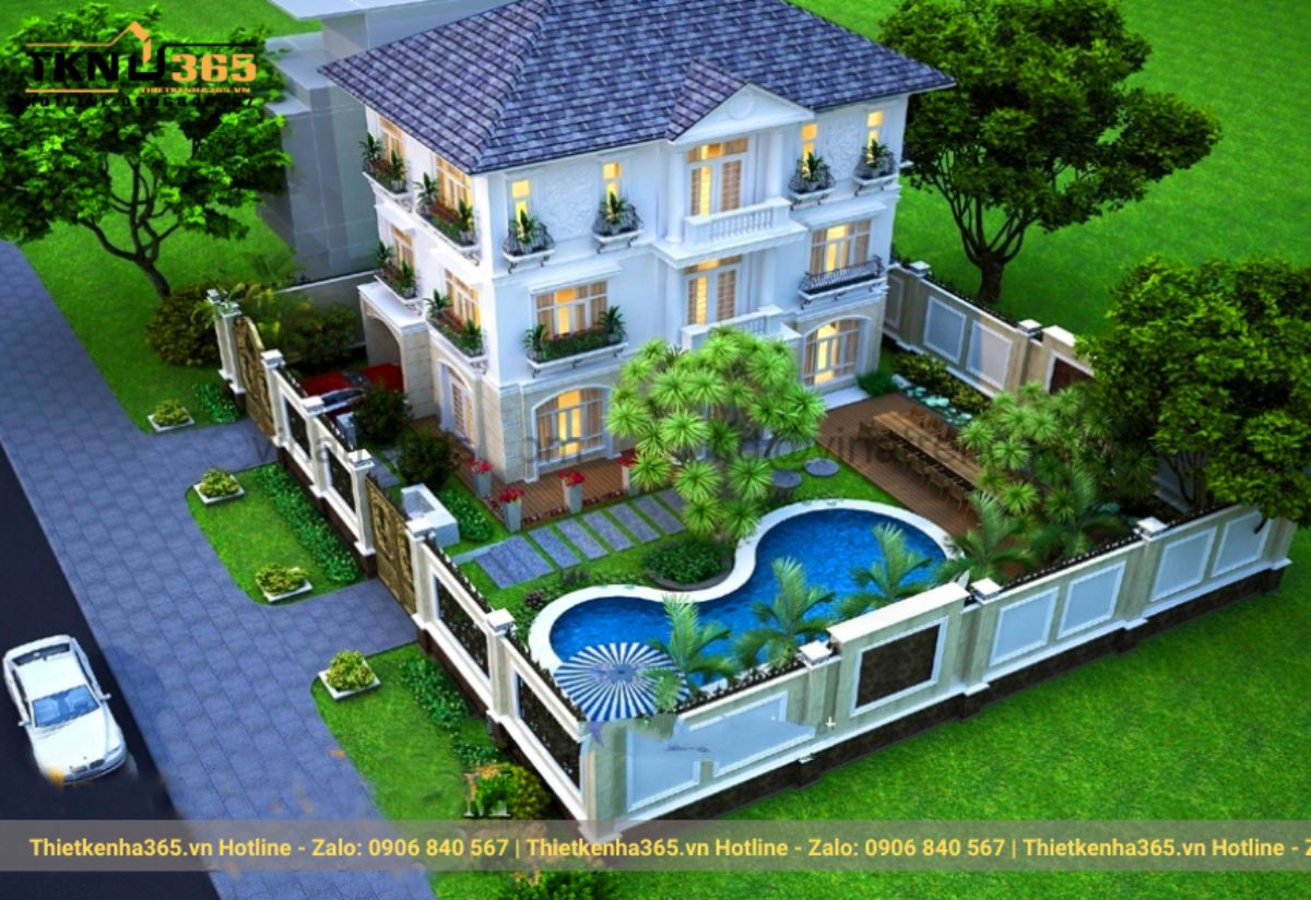 mẫu nhà 3 tầng mái Nhật có hồ bơi