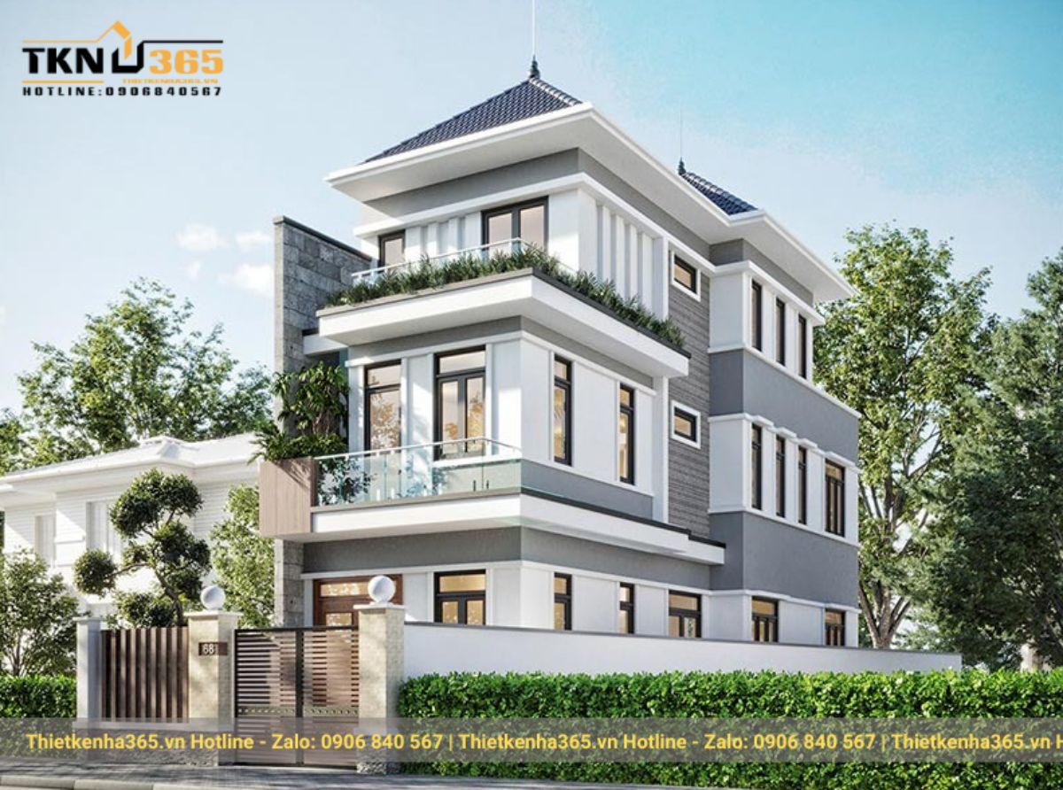 nhà 3 tầng mái Nhật phong cách đơn giản