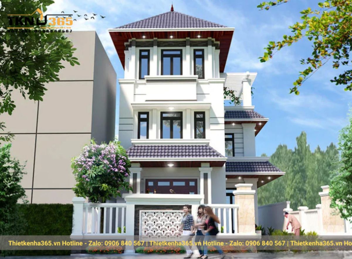 nhà 3 tầng mái Nhật hình chữ L