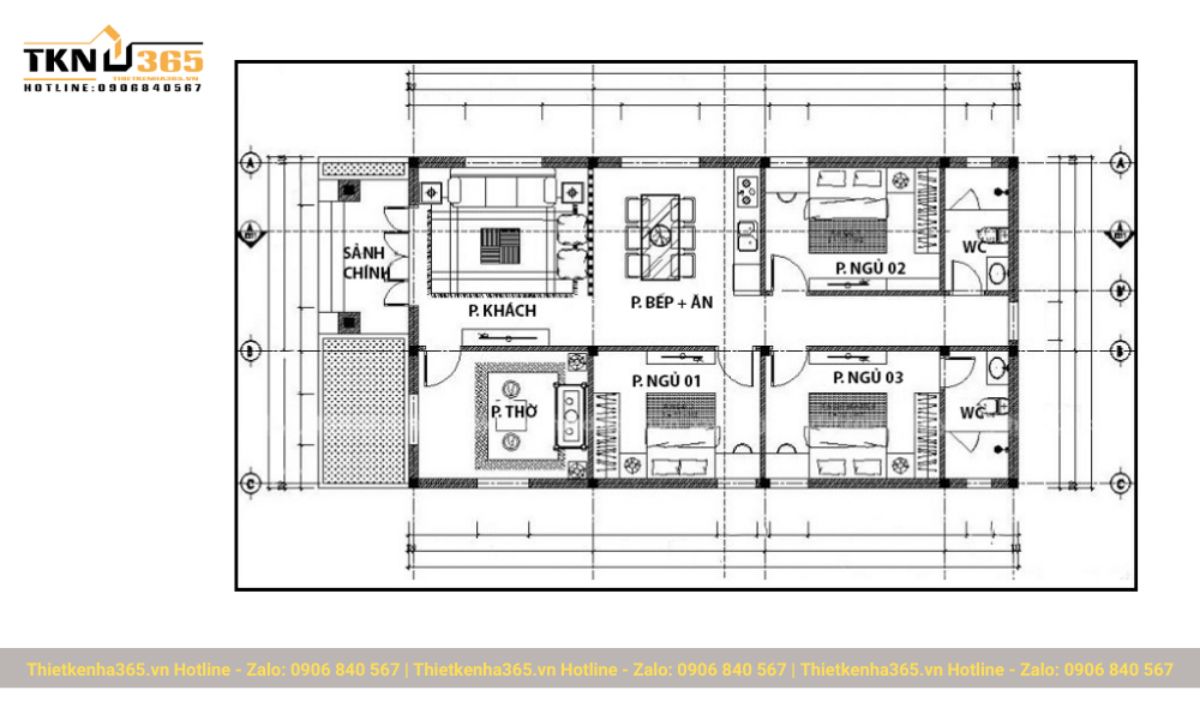 Bản vẽ thiết kế nhà 1 tầng 3 phòng ngủ 120m2