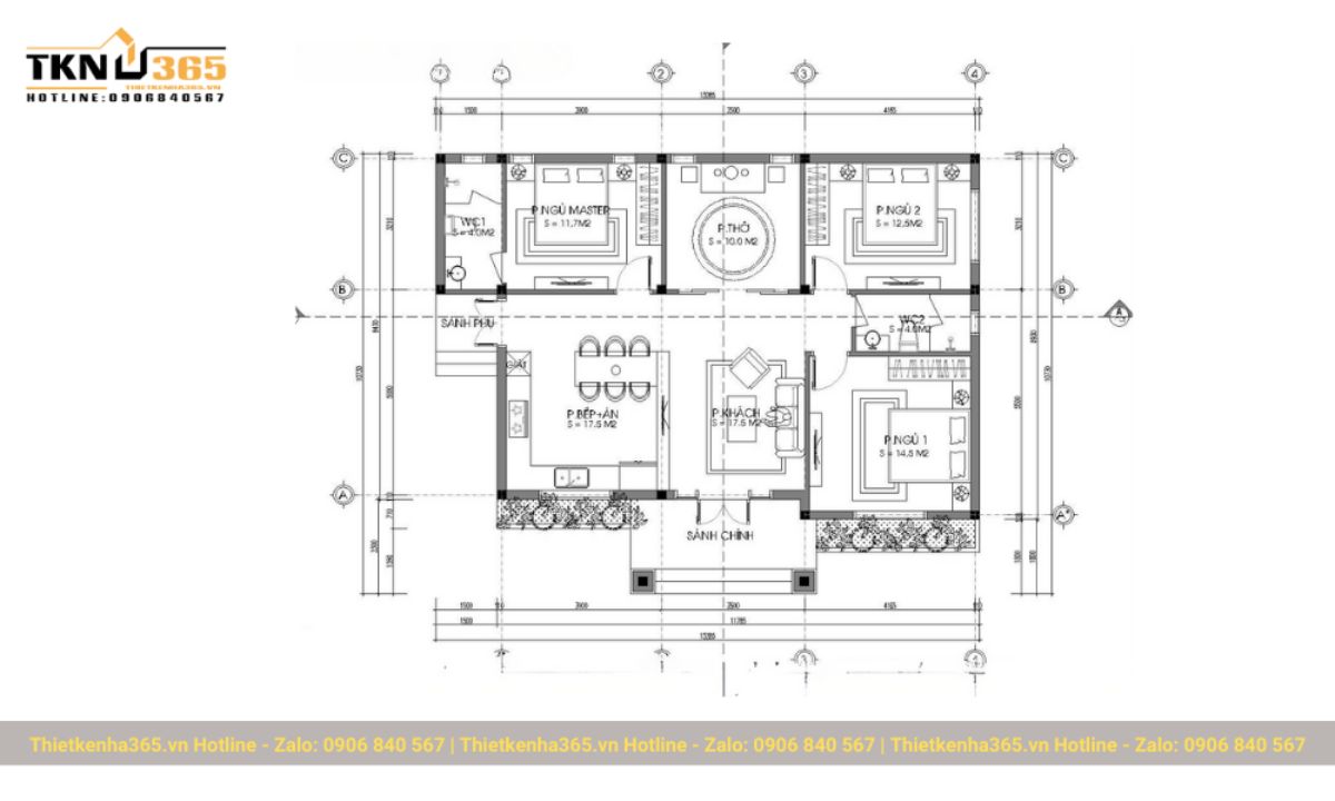 Bản vẽ thiết kế nhà 1 tầng 3 phòng ngủ 120m2