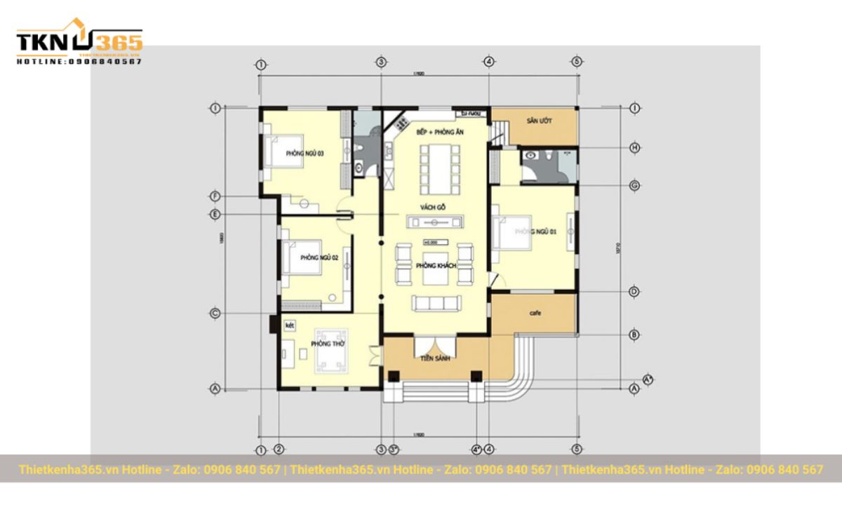 Bản vẽ thiết kế nhà 1 tầng 3 phòng ngủ 120m2