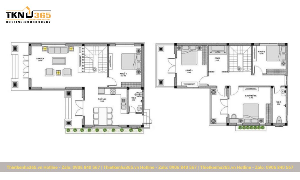 bản vẽ nhà chữ L có 2 tầng mái lệch 