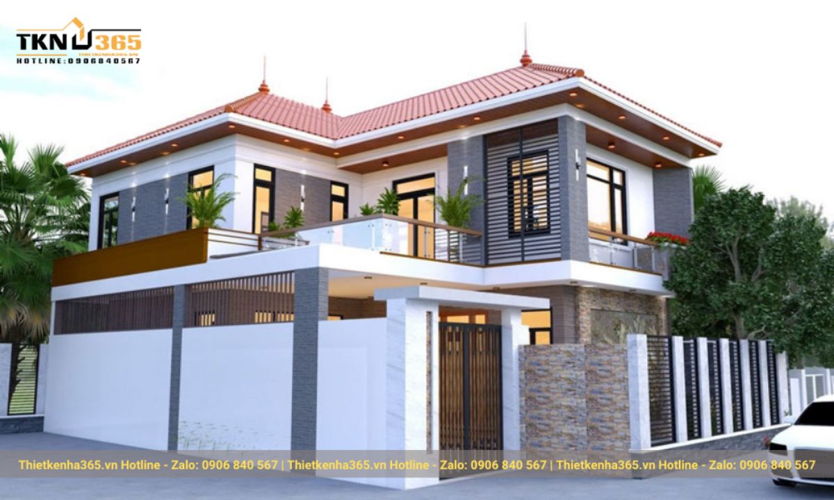 nhà chữ L có 2 tầng và 3 phòng ngủ