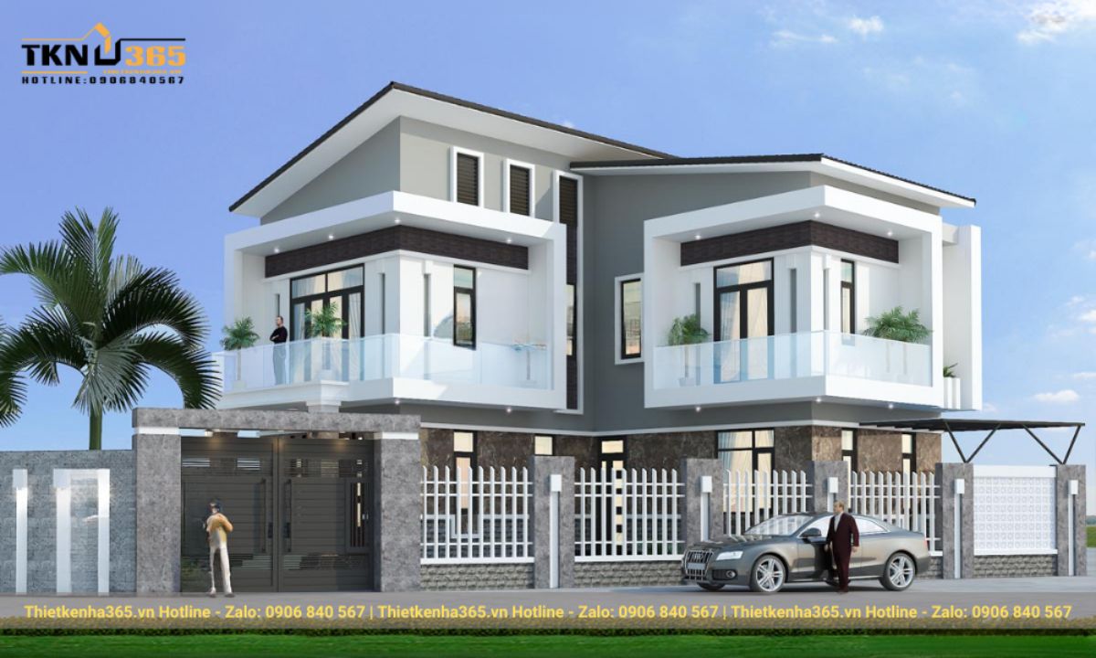 Mẫu nhà chữ L có 2 tầng mái lệch 