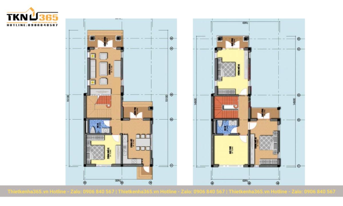 bản vẽ nhà chữ L 2 tầng 600 triệu 