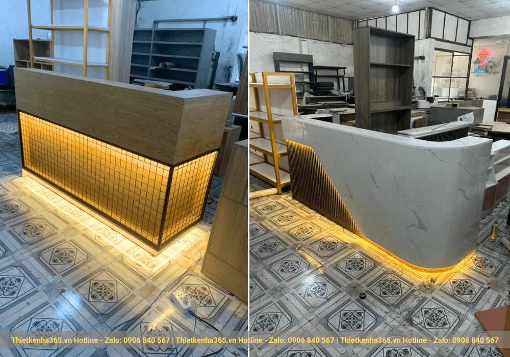 Quầy lễ tân gỗ công nghiệp kèm đèn led