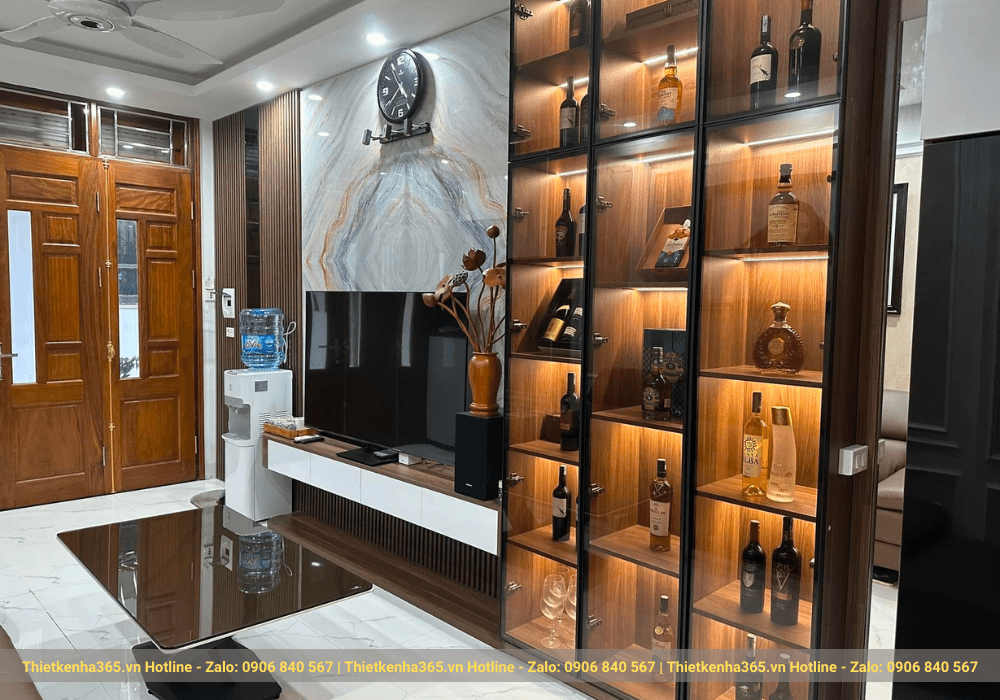 Thi công tường đá, gắn lam, tủ rượu,làm tủ kệ tivi 