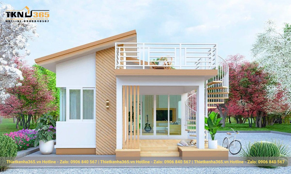 Mẫu nhà vuông 2 tầng tông màu đỏ cam