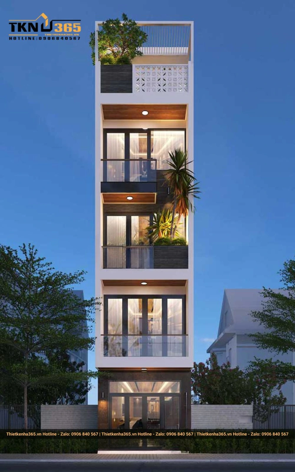 Mẫu nhà 5 tầng với hệ cửa kính rộng lớn