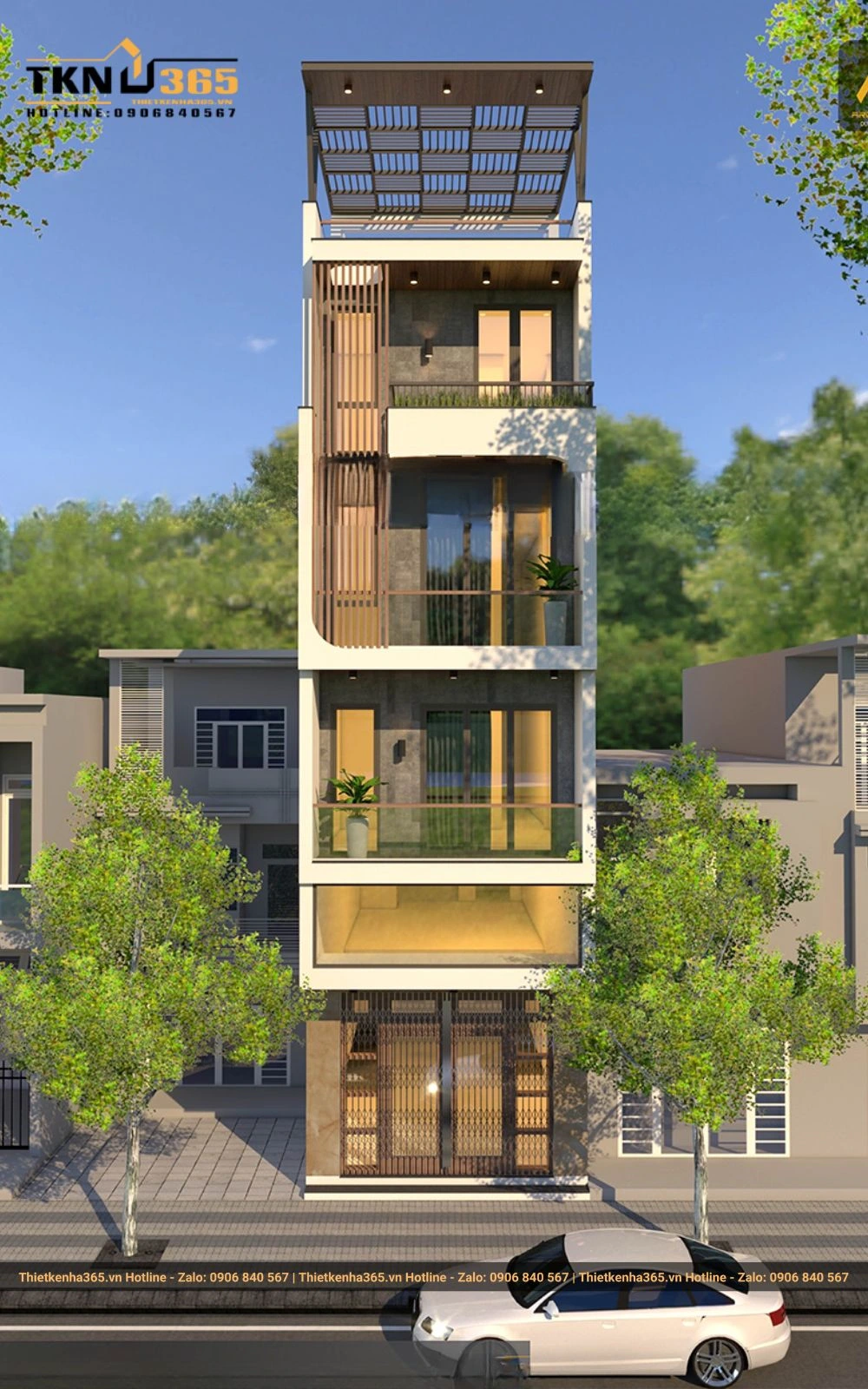 Mẫu nhà 5 tầng có sân rộng để xe hơi 