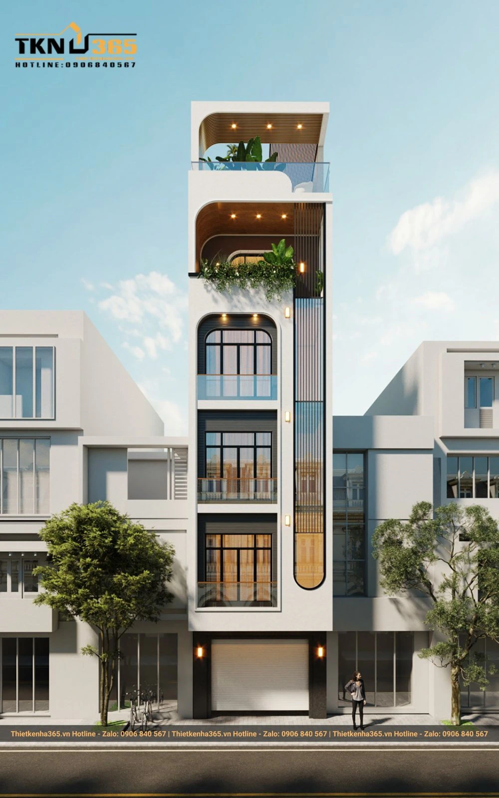 Mẫu nhà 5 tầng có sân rộng để xe hơi 