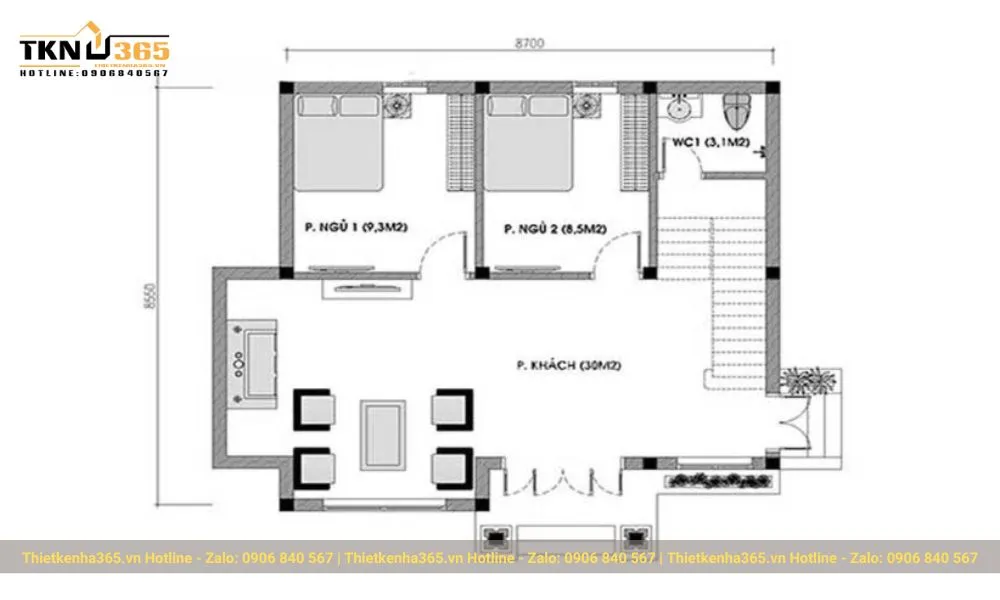 Bản vẽ chi tiết nhà cấp 4 2 phòng ngủ