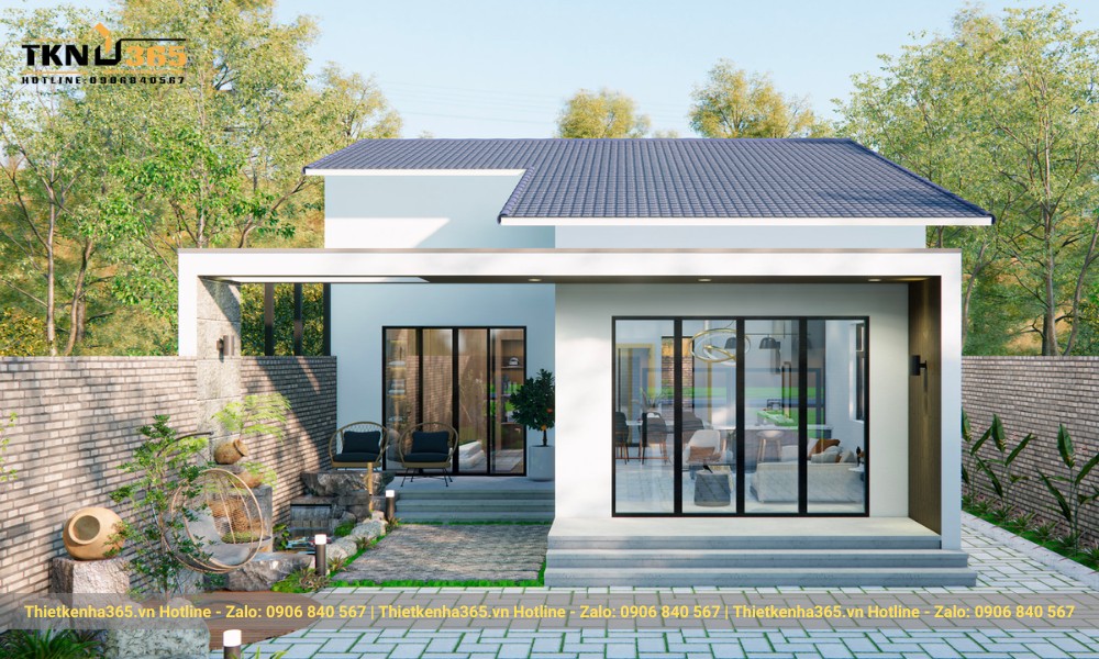 Mẫu thiết kế nhà trệt 7x15m có hồ cá Koi