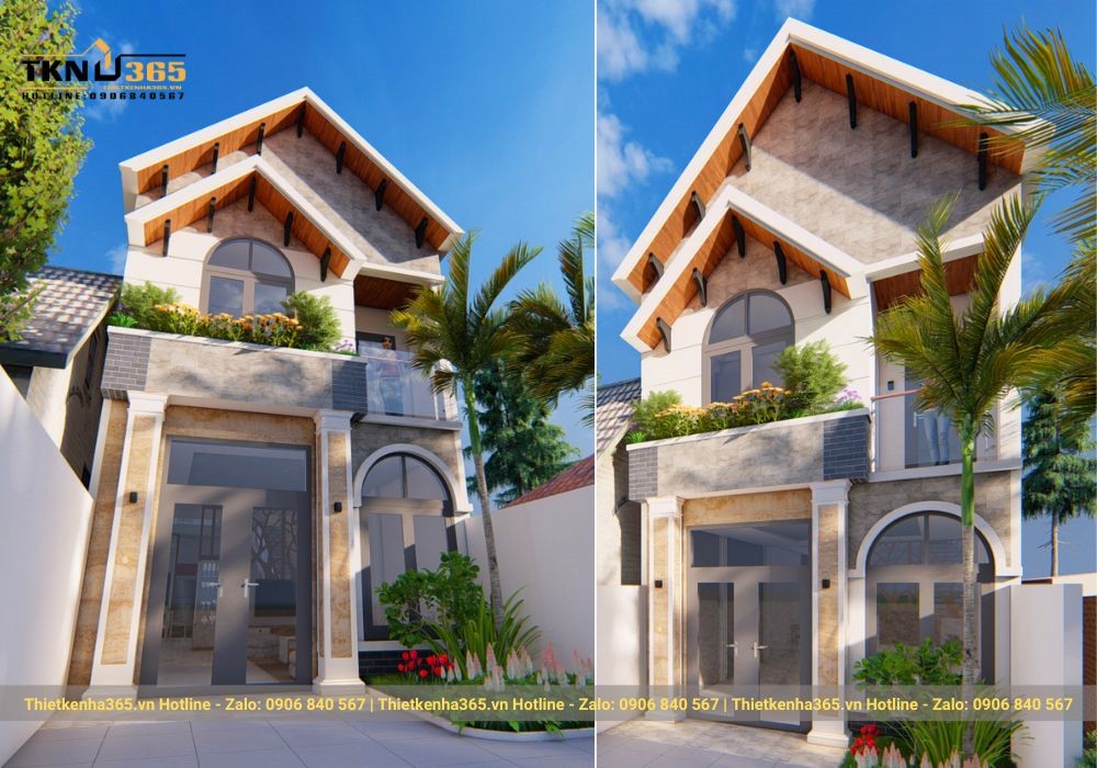 Thiết kế nhà mặt phố 2 tầng 100m2 mái thái