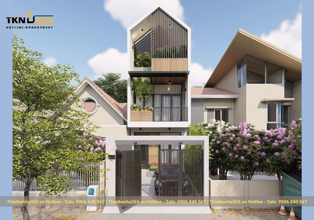 Mẫu nhà phố đẹp 3 tầng mái nhọn
