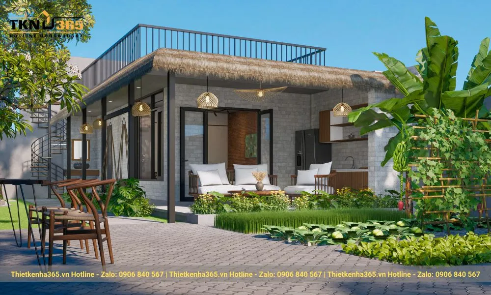 Biệt thự vườn cấp 4 có sân thượng mang đến không gian sống tiện nghi và gắn kết thiên nhiên.