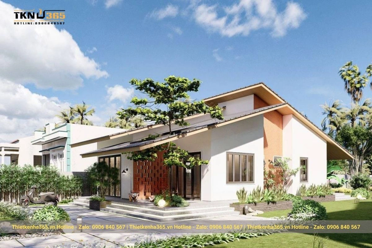 thiết kế nhà mái lệch có sân vườn 