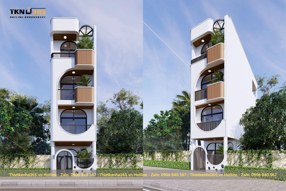 Mặt tiền nhà phố hiện đại với hệ tường bo cong 