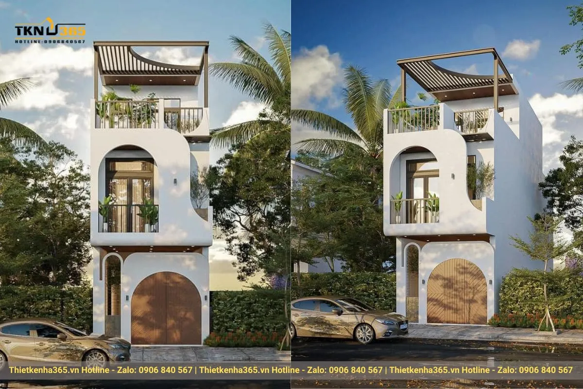 Mẫu thiết kế nhà 70m2 3 tầng bo cong