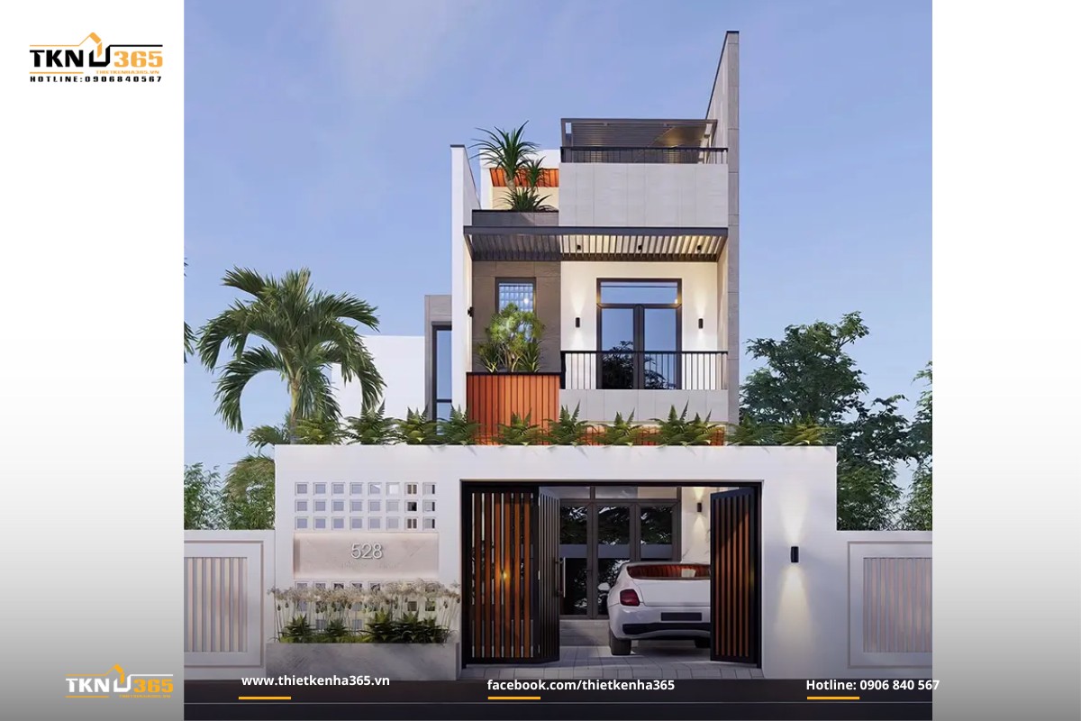 Thiết kế nhà 1 trệt 1 lầu có sân rộng đậu xe ô tô 