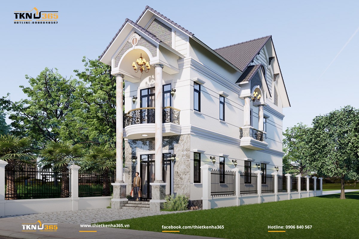 Mẫu nhà 1 trệt 1 lầu mái Thái đẹp ở nông thôn