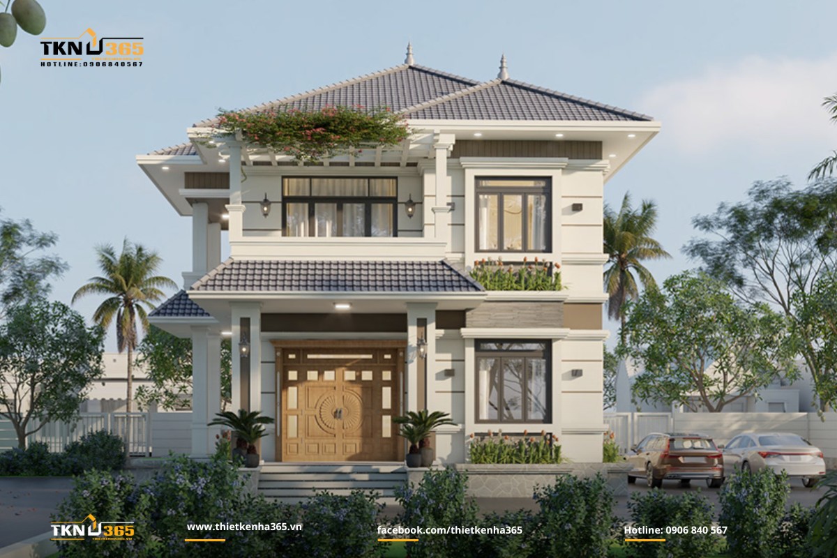 Mẫu nhà 1 trệt 1 lầu mái Nhật có sân vườn rộng rãi