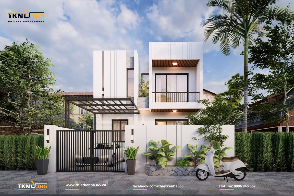 Thiết kế nhà 1 trệt 1 lầu tone trắng sang trọng