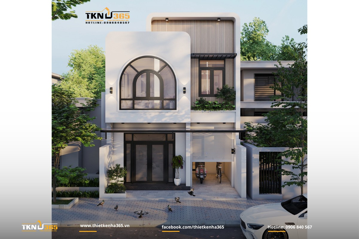 Thiết kế nhà 1 trệt 1 lầu bo cong ấn tượng