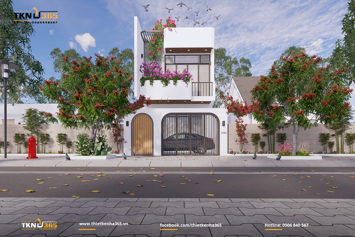 Thiết kế nhà 1 trệt 1 lầu bo cong ấn tượng